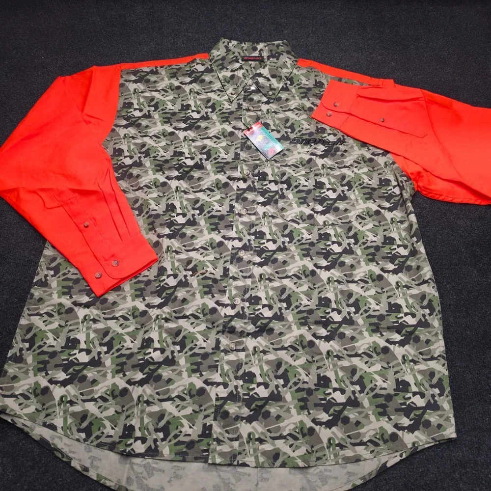 Snap-on Tools Mens Camo Orange Work Shirt Large Wrench Camouflage NWT